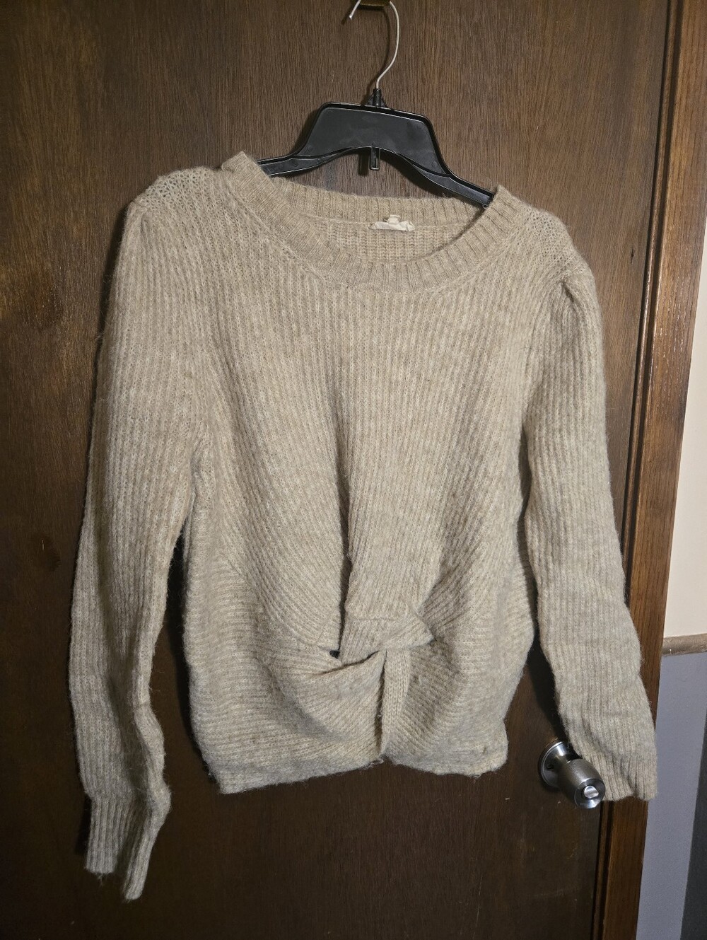 Mystree Neutral Twist-Front Crewneck Sweater in Light Beige Large